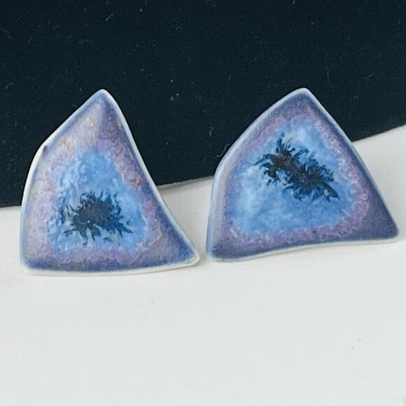 Karla Jordan Triangle Handcrafted Pierced Earrings Purple Ceramic Porcelain Blue - Picture 1 of 13